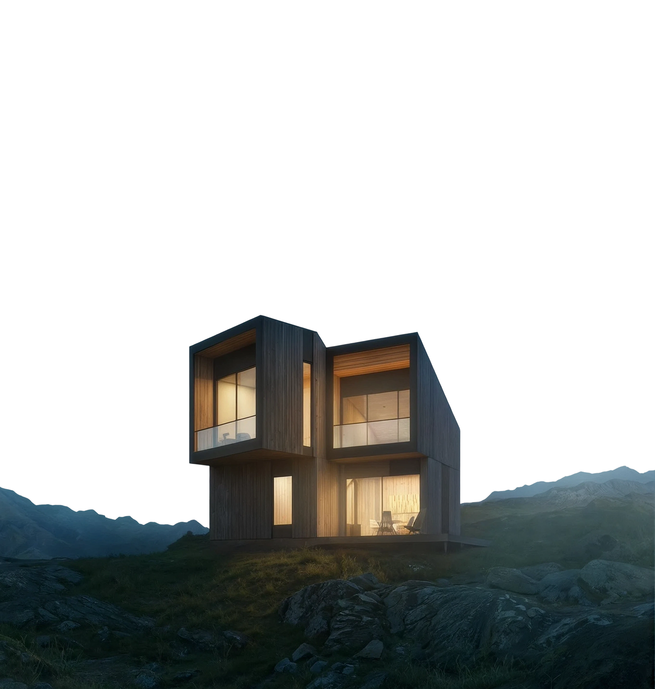 The AERRA house lit from within at dusk, standing alone on a rocky mountain slope.