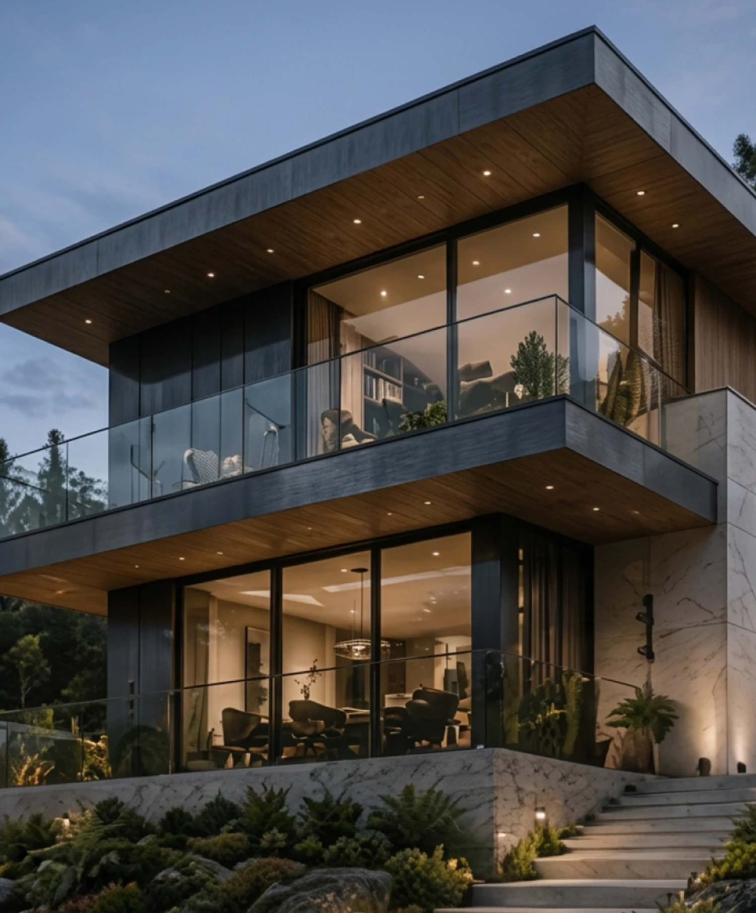 Glass and concrete house on a planted terrace at dusk