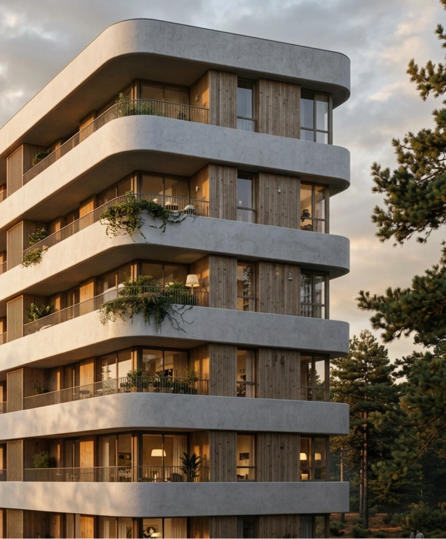 Curved-balcony residential tower planted with greenery