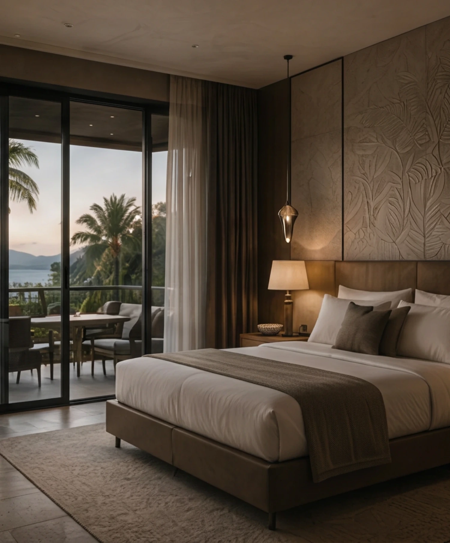 Bedroom opening through full-height glass onto palms