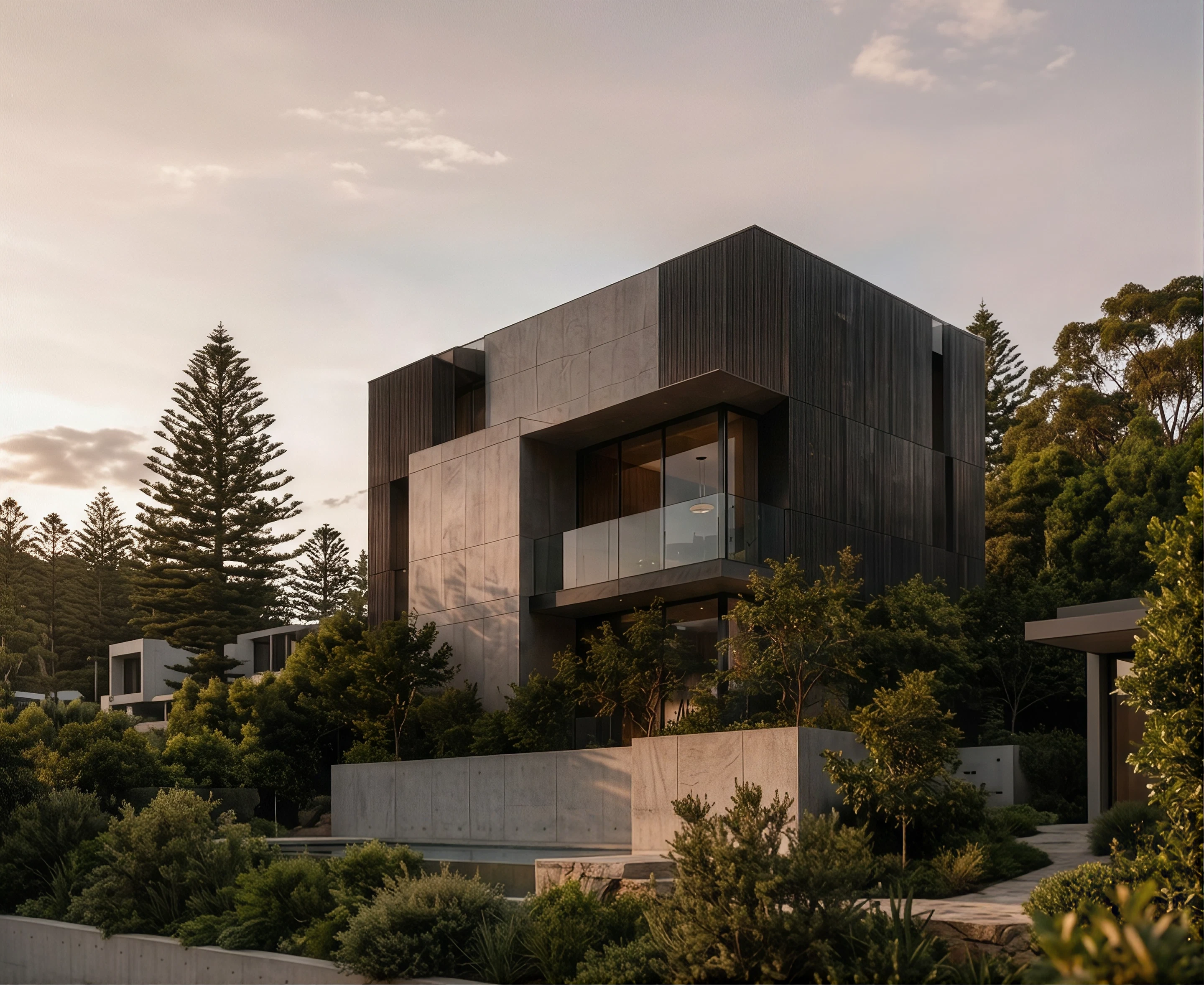 Timber and stone house at dusk
