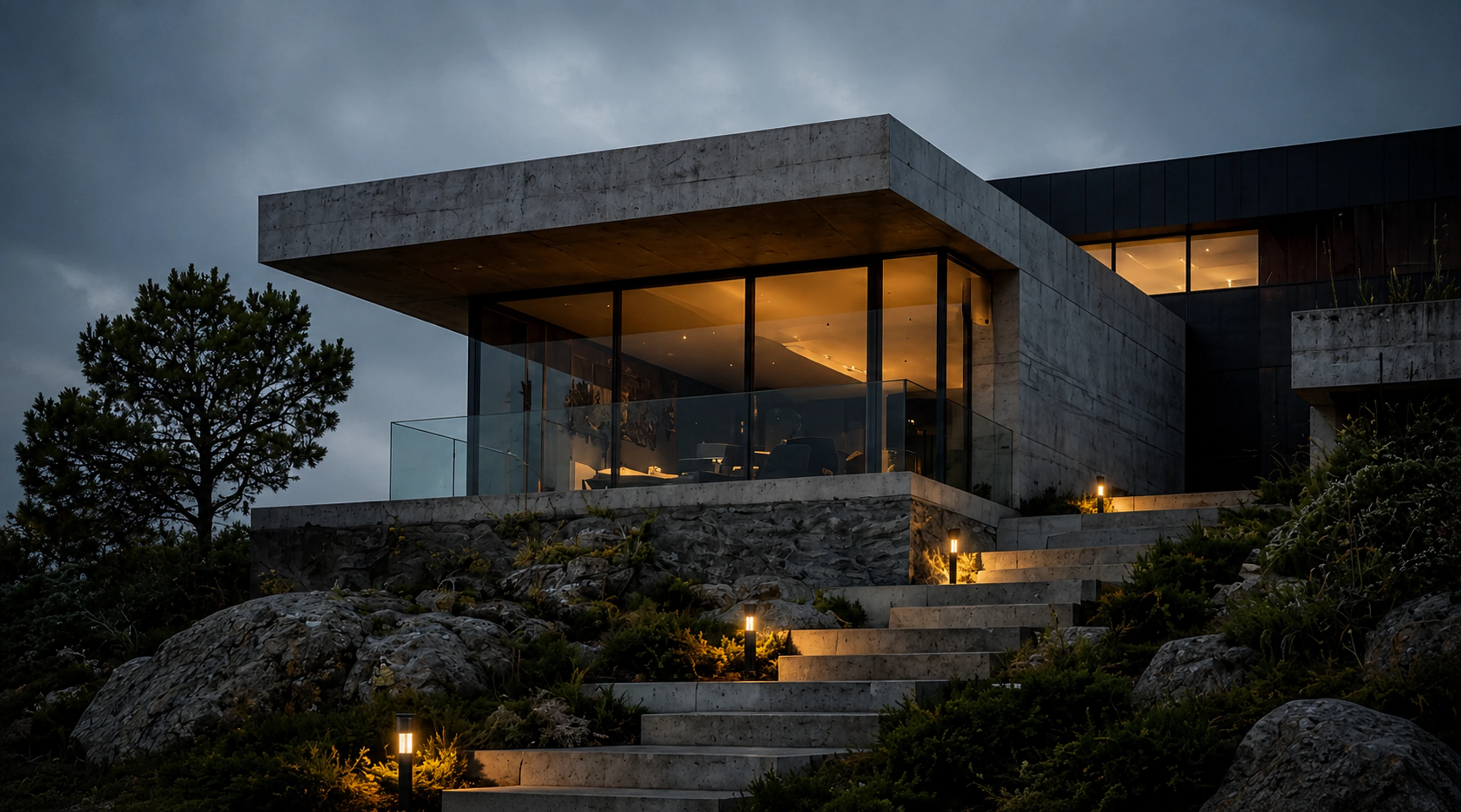 Concrete hillside house lit from within