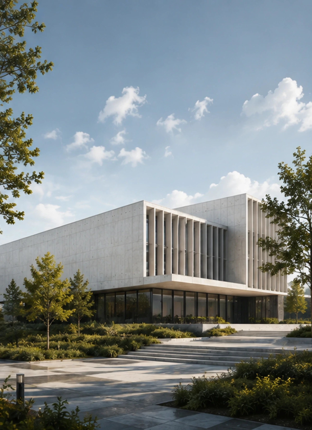 Fluted-concrete building above landscaped steps
