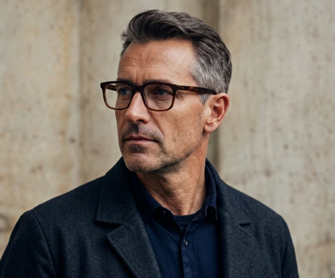 Alex North in a dark coat against a concrete wall