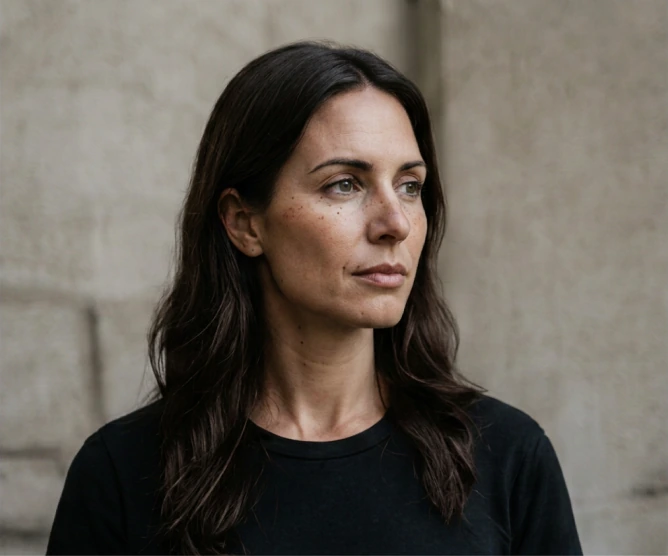 Kate Morrison looking past the camera against a concrete wall