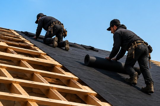 Crew laying battens across a stripped roof deck